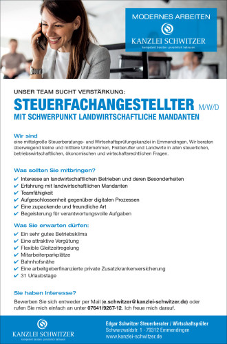 Steuerfachangestellter (m/w/d) mit Schwerpunkt auf landwirtschaftliche Mandate